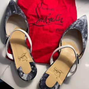***SOLD***Christian Louboutin Chock Lock Printed Denim Fabric Flat Mule Sandals